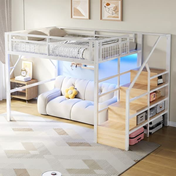 Högsäng 140x200 cm med LED & trappförvaring – solid metallram – fritt utrymme – vit