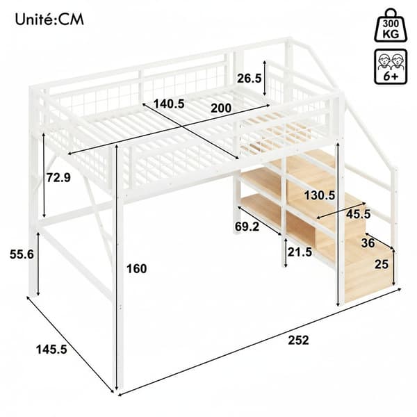 Högsäng 140x200 cm med LED & trappförvaring – solid metallram – fritt utrymme – vit