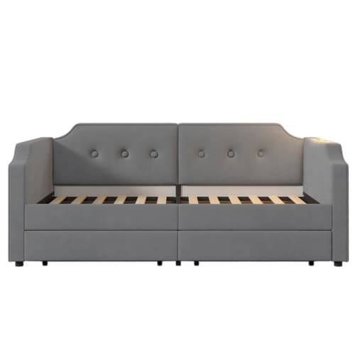 Bäddsoffa 90x200 cm, grå sammet, 2 lådor, USB + USB-C, ribbotten