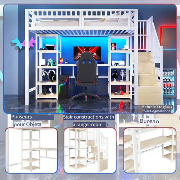 Högsäng 90x200 cm med skrivbord, trappförvaring, LED & USB, metallram, vit