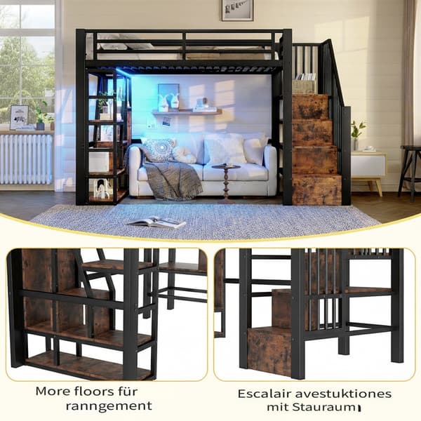 Högsäng 90x200 cm med LED & trappförvaring – svart metallram, robust & modern