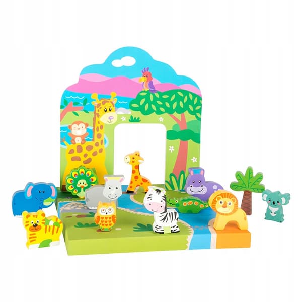 Wooden ZOO animal figure set with a platform