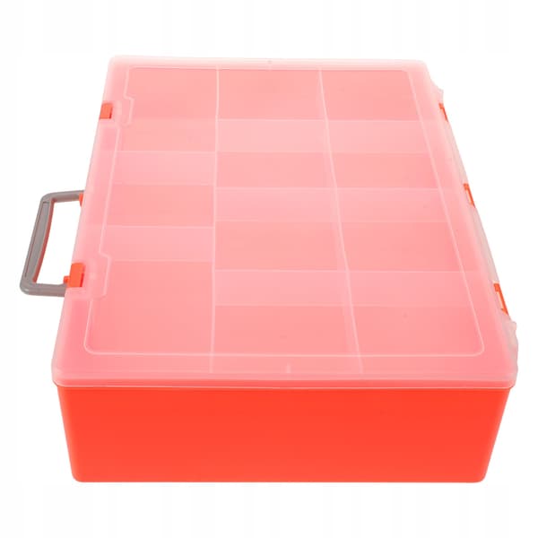 ORANGE PLASTIC STORAGE BOX FOR BUILDING BLOCKS, WITH A HANDLE AND COMPARTMENTS