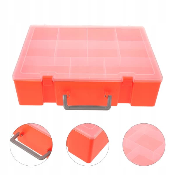 ORANGE PLASTIC STORAGE BOX FOR BUILDING BLOCKS, WITH A HANDLE AND COMPARTMENTS
