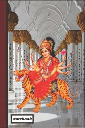 Durga Devi notebook cover featuring a temple with flowers and a massage box page: Creati