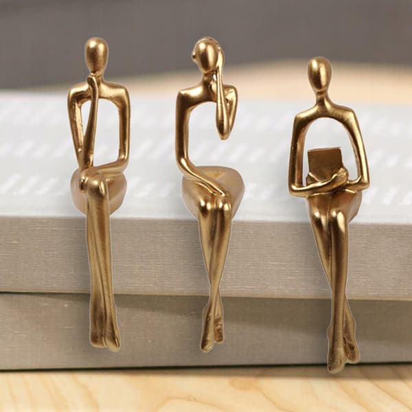 3 PIECES: Seated Thinker Statue, Abstract, Silver
