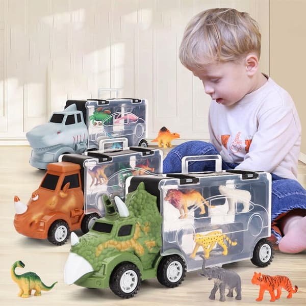 Transport lorry with 4 mini plastic animals – Pull-Back toy set: long-nosed rhino