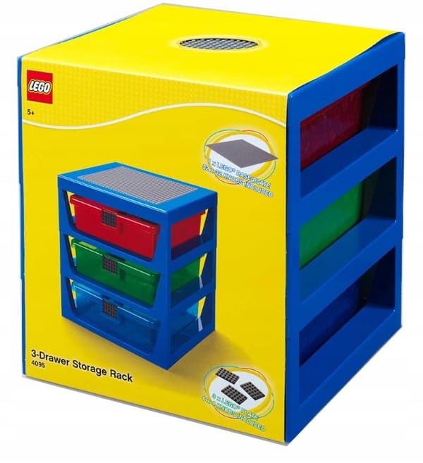Blue LEGO bookcase with 3 drawers and a building plate