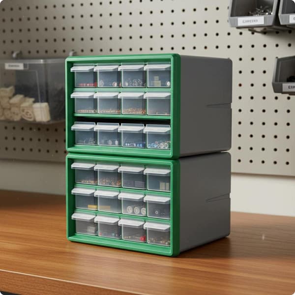 Organiser, Cabinet, Clear Drawers, Drawer, Cabinet, Stackable, 24 Grid Green