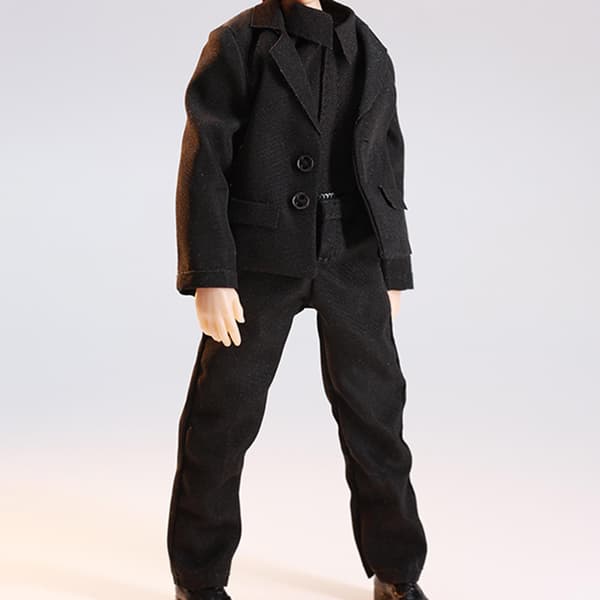 A set of suits with action figures for 1/12-scale miniature figures includes a black