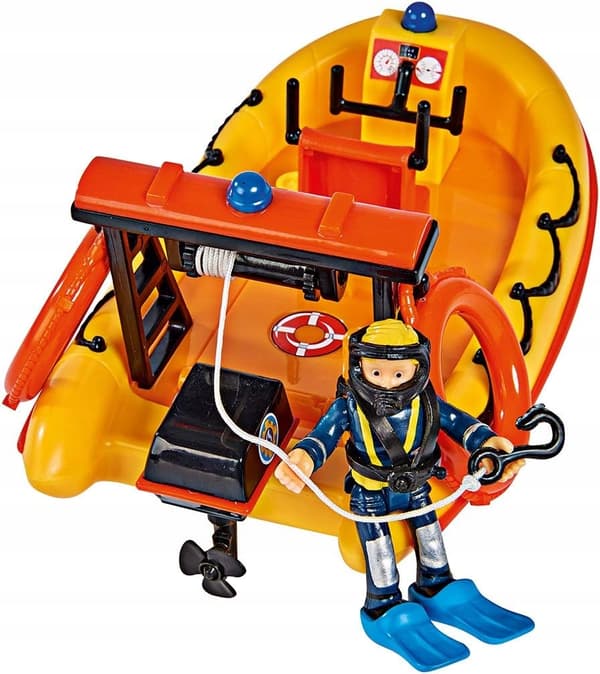 Fireman Sam Neptune boat – mechanical figurine with winch, floats, yellow – SIMBA