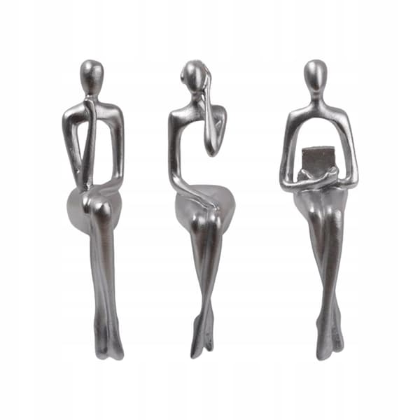 3 PIECES: Seated Thinker Statue, Abstract, Silver