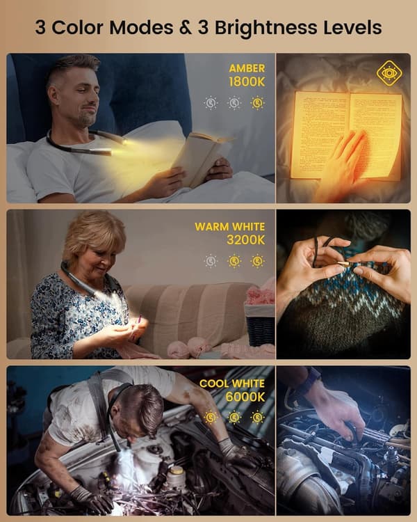 LED NECK READING LAMP – 3 COLOURS, 3 BRIGHTNESS SETTINGS, 30-MINUTE TIMER