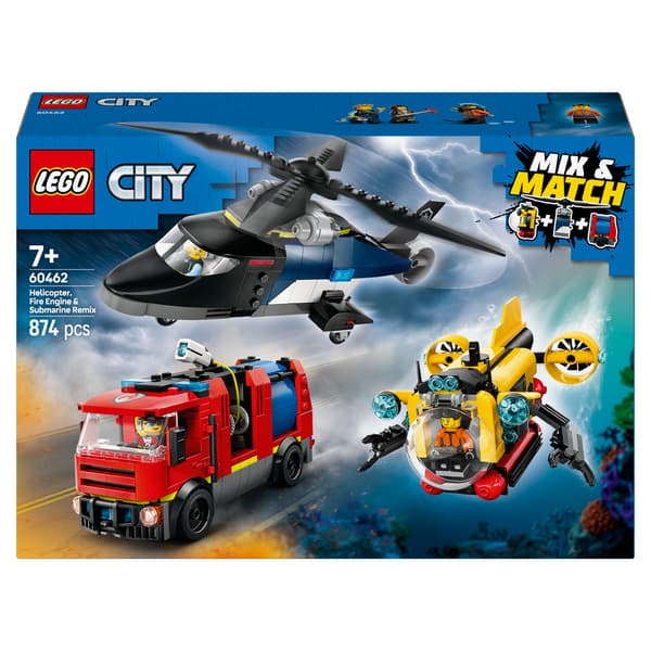 LEGO City 60462 Set featuring a Helicopter, Fire Engine and Submarine