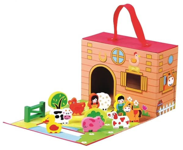 A suitcase with a farm theme and a play area
