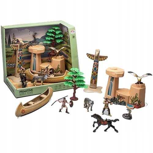 Native American Set with a Canoe, Totem Pole and Animals
