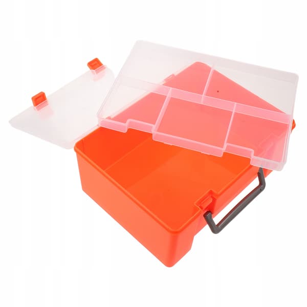 STORAGE BOX FOR BUILDING BLOCKS WITH A TRAY AND A SECURE LID THAT CLOSES WITH