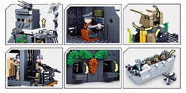 Building blocks: ATLANTIC WALL, D-Day, Army, Bunker, Cannon, Barge, MOTOR + LEGO WEAPONS