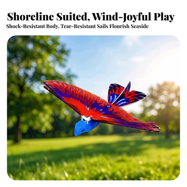 Battery-powered remote-controlled flying bird with a blue, articulated, hand-thrown design