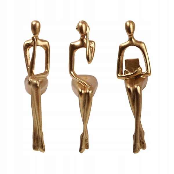 3 PIECES: Seated Thinker Statue, Abstract, Silver