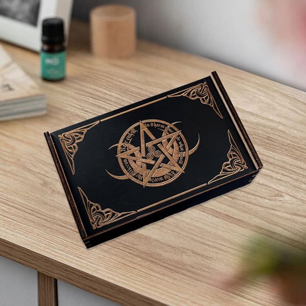Wooden tarot box Collectors’ gift playing cards Rectangular sliding pentagram