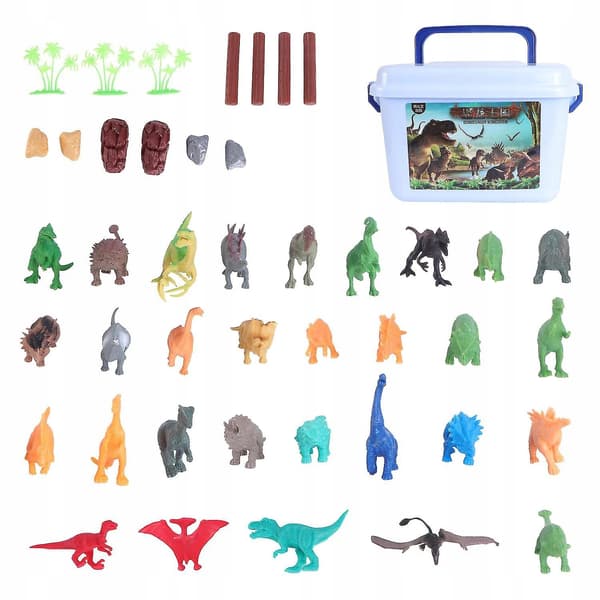 Dinosaur figurines – a large set of animals in a container