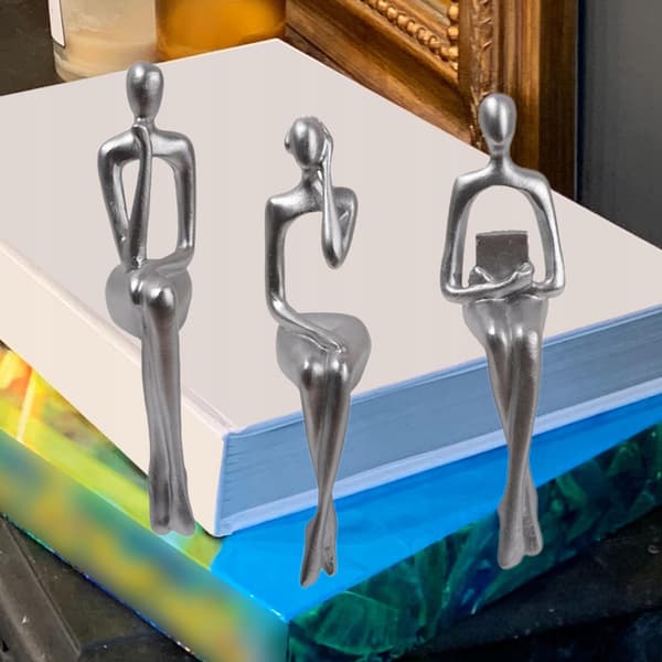 3 PIECES: Seated Thinker Statue, Abstract, Silver