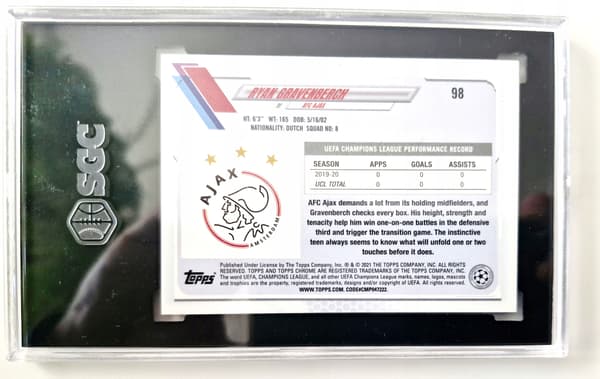 RYAN GRAVENBERCH 2020–21 TOPPS CHROME SAPPHIRE RC GRADE 9 AJAX AMSTERDAM