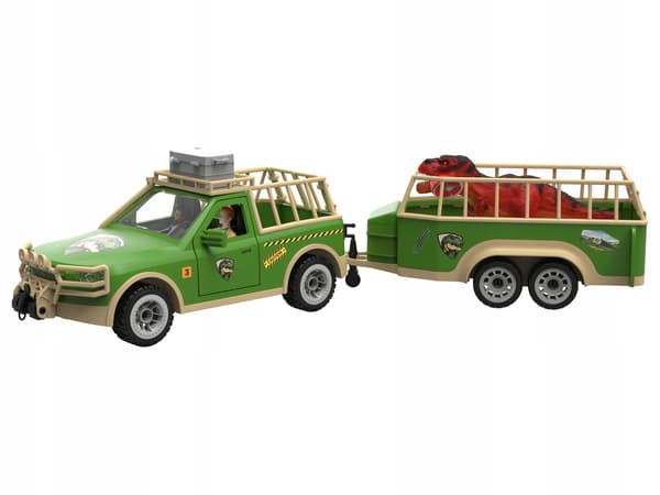 Dinosaur pick-up truck with a trailer for a dinosaur