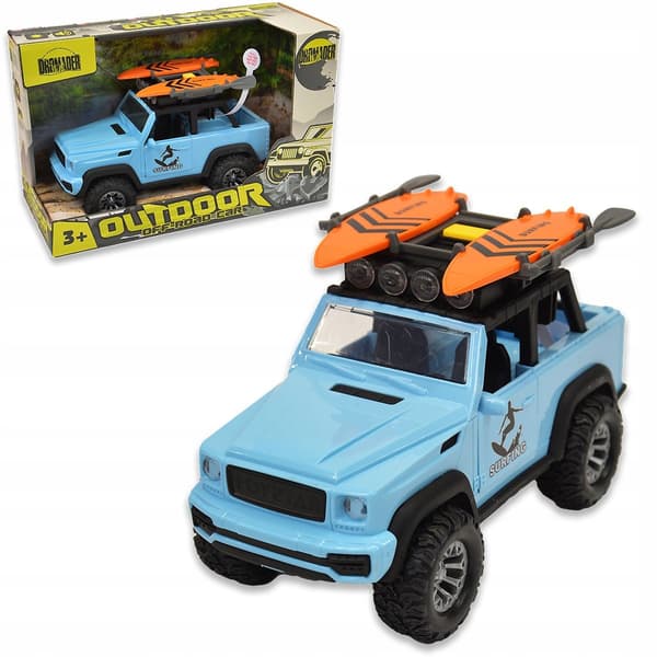A battery-powered Jeep with a surfboard