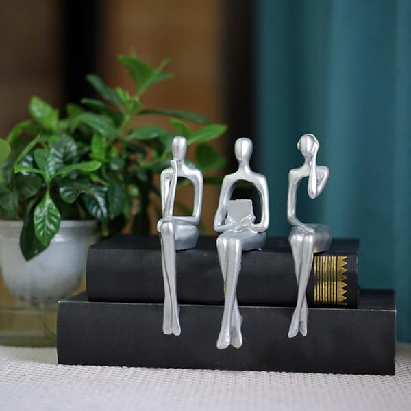 3 PIECES: Seated Thinker Statue, Abstract, Silver