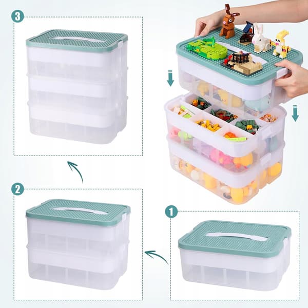 3-LAYER BLOCK ORGANISER, TOY STORAGE CONTAINER, OLIVE-COLOURED SORTING TRAY