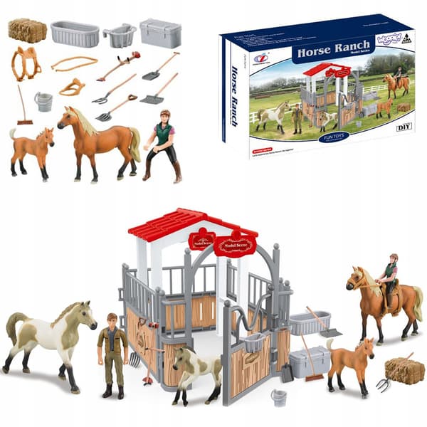 STABLE AND PADDOCK SET WITH HORSE FIGURINES