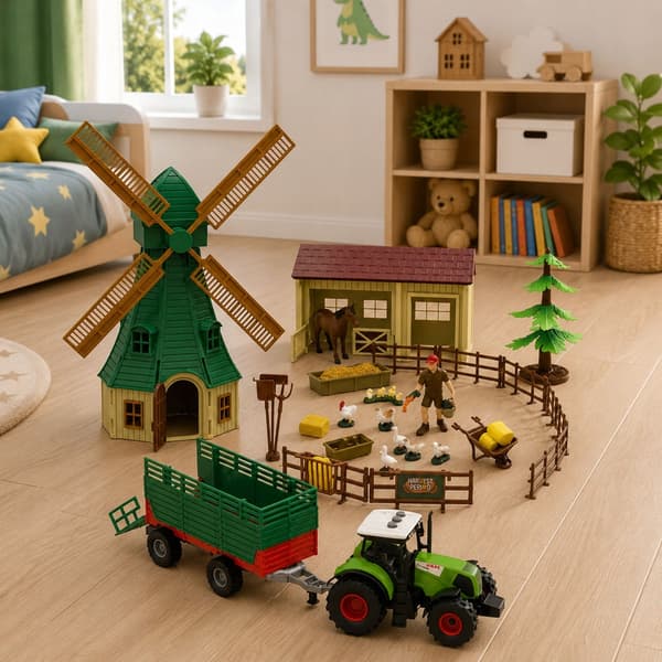 Farm Set with Tractor, Windmill, Stable, Trailer, Animal Figures – 45 pieces