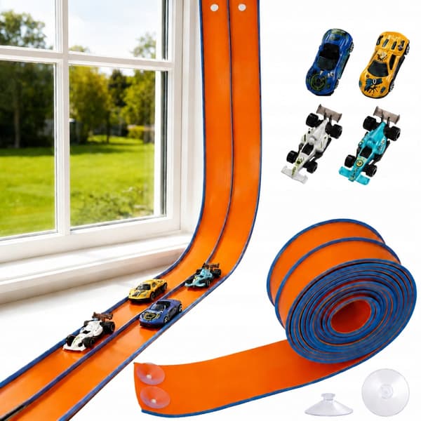4.5M RACETRACK SET – SOFT RUBBER, 4 CARS, REVERSE FUNCTION, 2 SUCTION CUPS