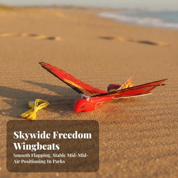 Battery-powered remote-controlled flying bird with a blue, articulated, hand-thrown design