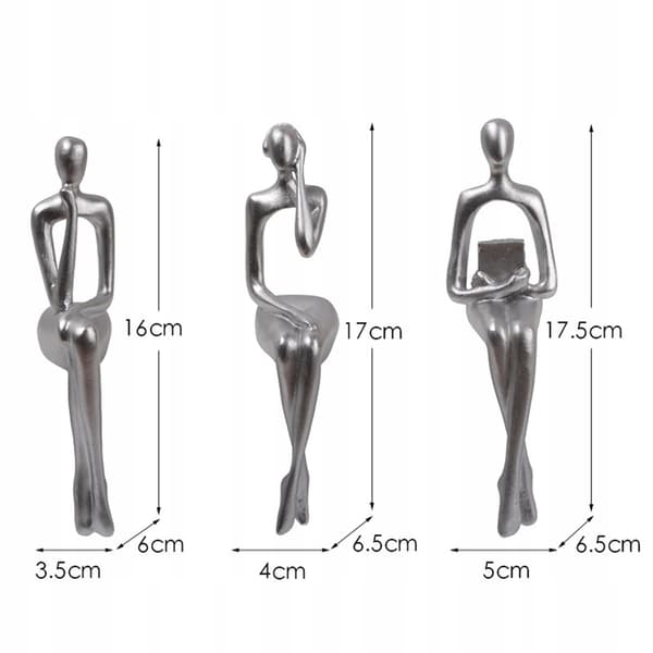 3 PIECES: Seated Thinker Statue, Abstract, Silver