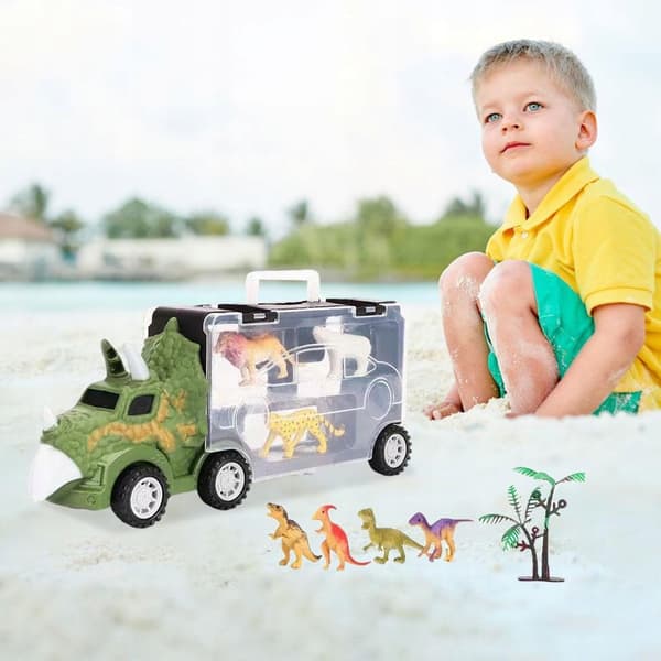 Transport truck with 4 mini plastic animals – Pull Short Triceratops play set