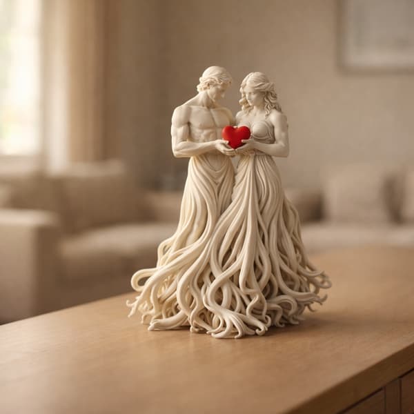 DECORATIVE SCULPTURE: TWO FIGURES WITH A HEART ON A BASE – MANY COLOURS