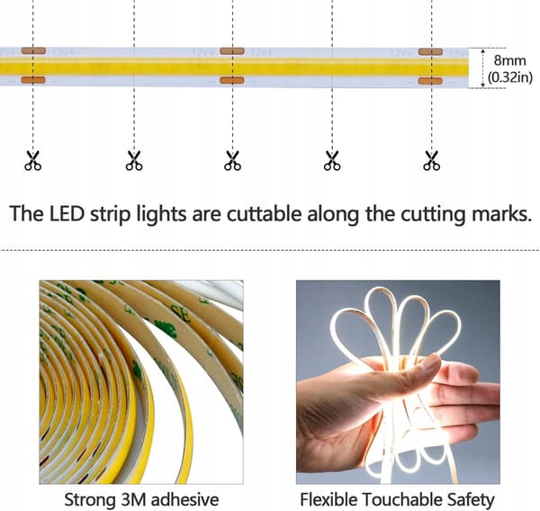 5M COB LED STRIP 12V COOL WHITE 6000K MOTION SENSOR IP20 3 MODES