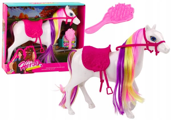 SET: HORSE FIGURINE, GROOMING ACCESSORIES, BRUSH, HARNESS, COMB, SADDLE
