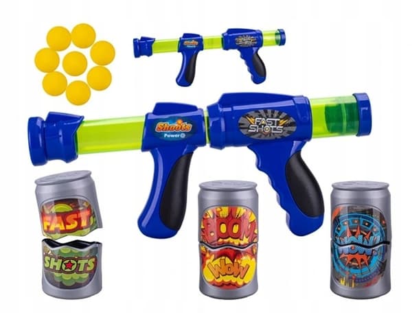 42 cm pull-back toy gun with 8 foam bullets and 3 cans.