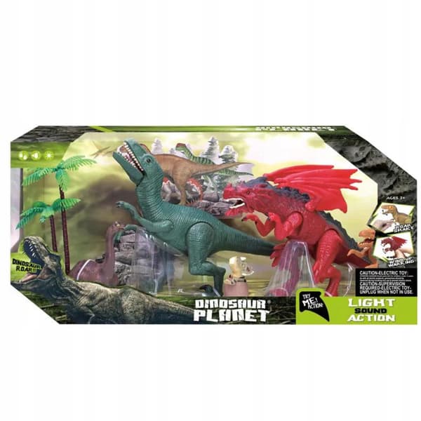DINOSAUR SET: 4 FIGURES, 2 TREES, SOUND AND LIGHT EFFECTS – A GIFT