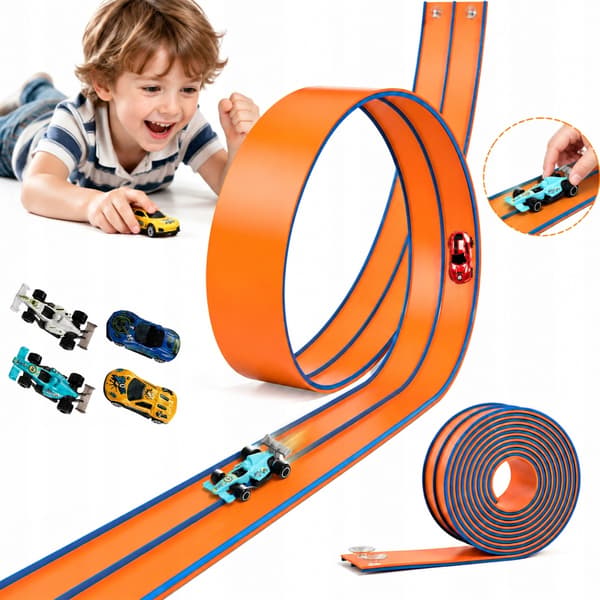 FLEXIBLE TRACK SET – 4.5M, 4 METAL CARS, REVERSE FUNCTION, SUCTION CUP, DIY