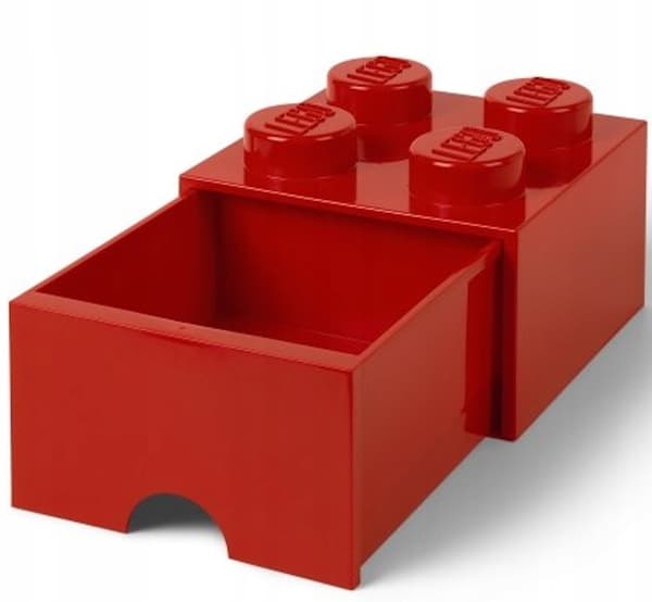 LEGO 4-Compartment Brick Storage Box with Drawer, 2x2 Container, Large Red Box