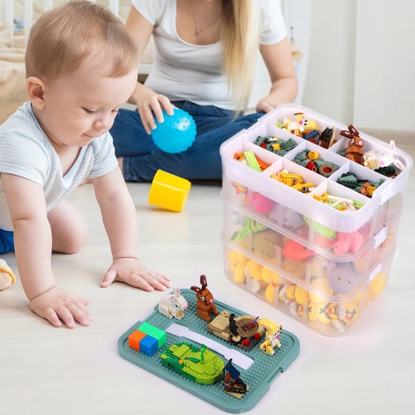 3-LAYER BLOCK ORGANISER, TOY STORAGE CONTAINER, OLIVE-COLOURED SORTING TRAY