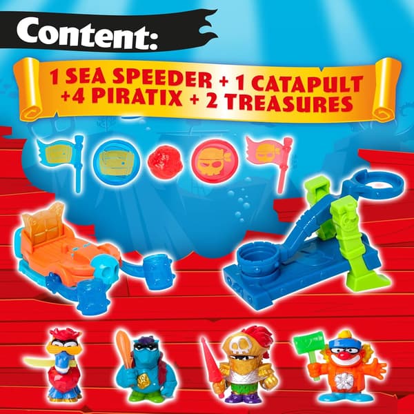 PIRATES SET: 4 FIGURES, CAPTAIN, BOAT, CATAPULT, ACCESSORIES, COINS – FOR AGES 3+