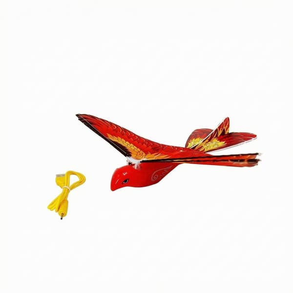 Hand-launched electric flying toy featuring a multi-coloured red bird for hand-launching