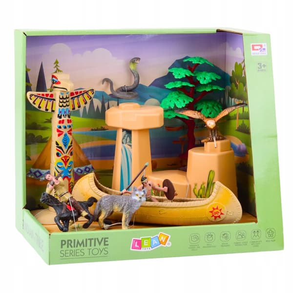 Native American Set with a Canoe, Totem Pole and Animals