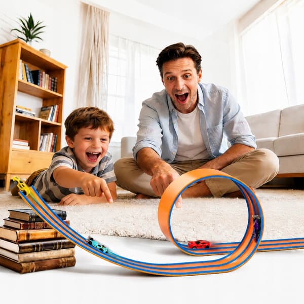4.5M RACETRACK SET – SOFT RUBBER, 4 CARS, REVERSE FUNCTION, 2 SUCTION CUPS